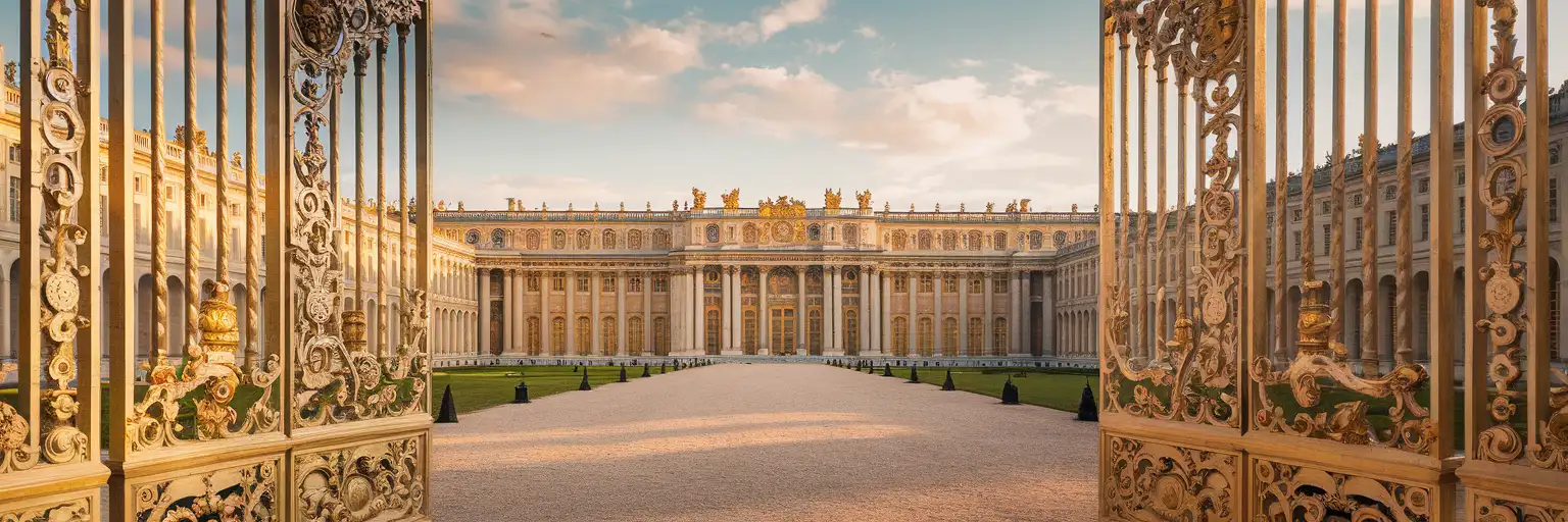Golden gates and baroque facade of the Palace of Versailles at golden hour