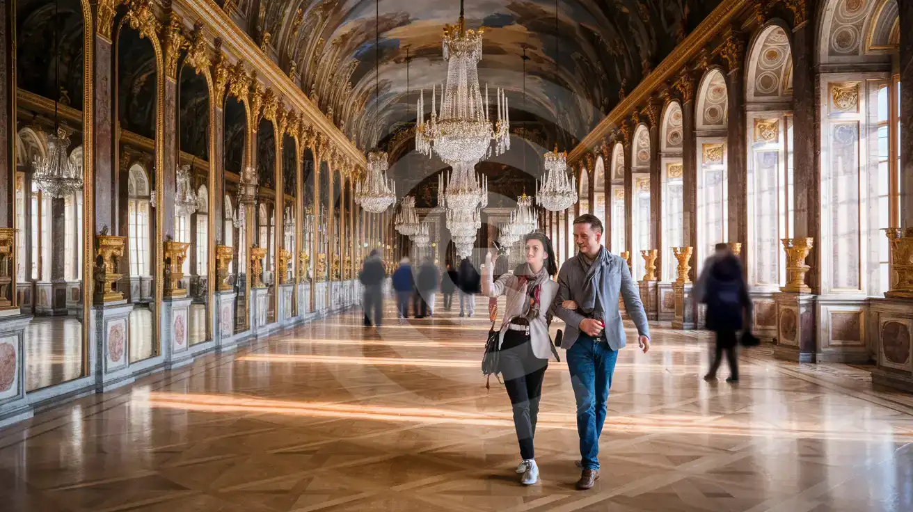 Couple photographing the Hall of Mirrors chandeliers inside the Palace of Versailles