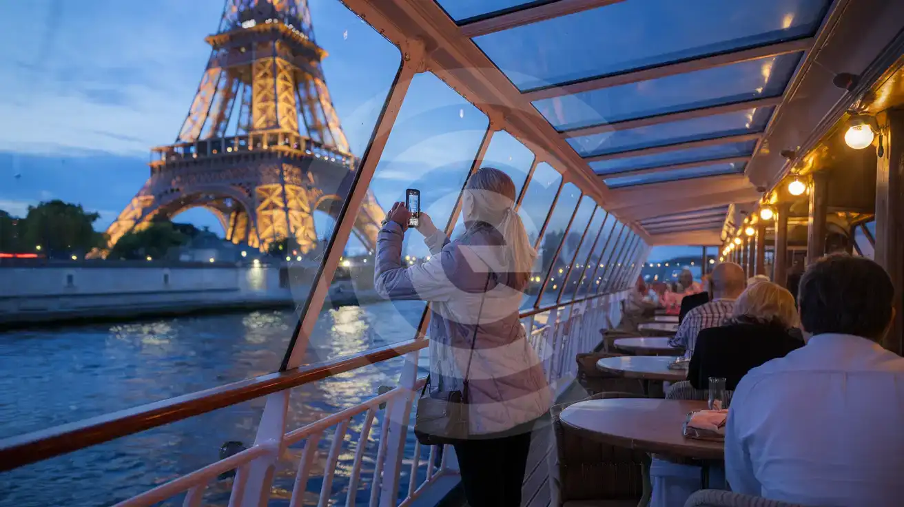 Solo female traveler photographing the illuminated Eiffel Tower from a Seine River cruise boat at twilight