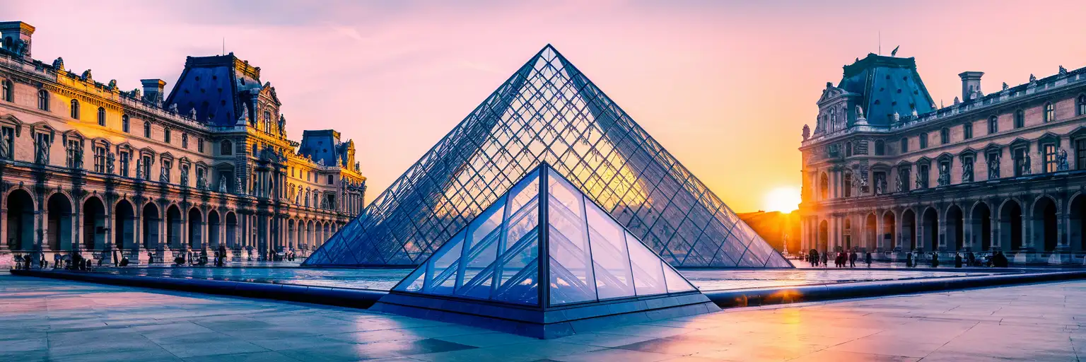 The glass Louvre Pyramid in the Cour Napoléon courtyard at golden hour with the historic palace wings in warm sunset light