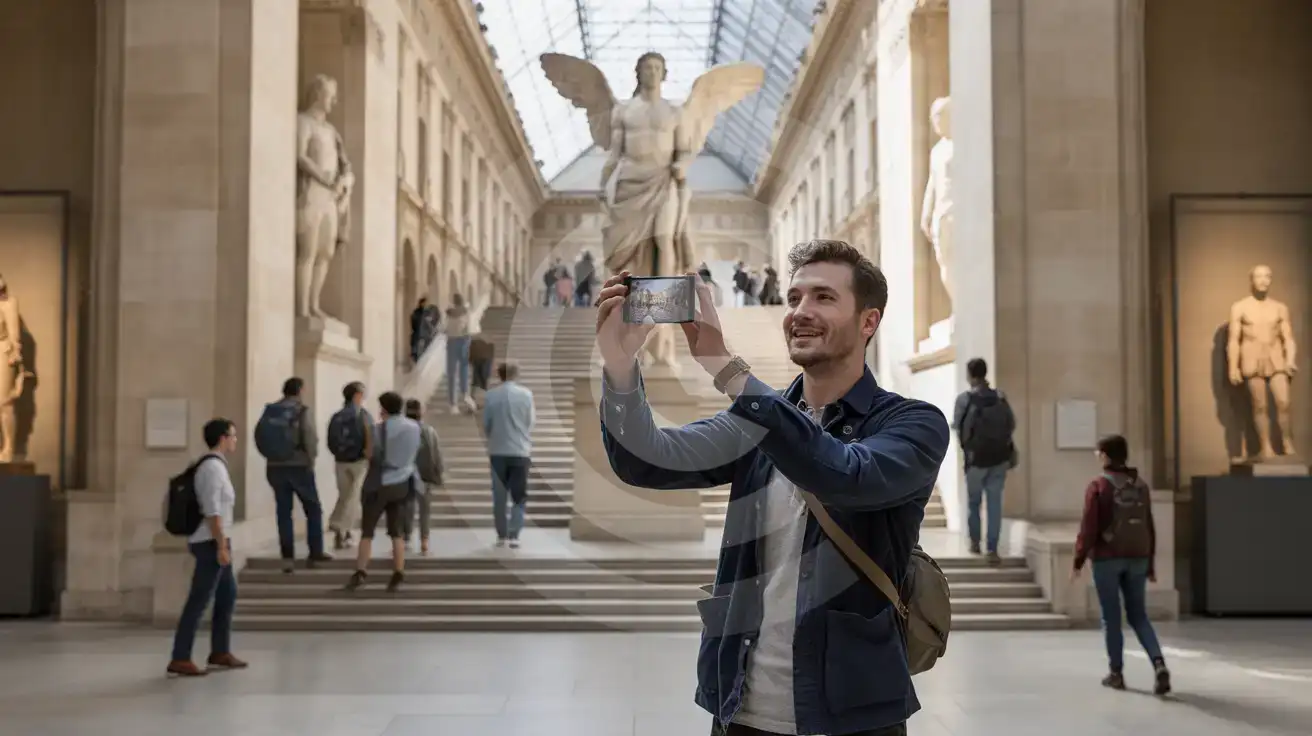 Solo male traveler photographing the Winged Victory of Samothrace on the Daru staircase inside the Louvre's Denon Wing