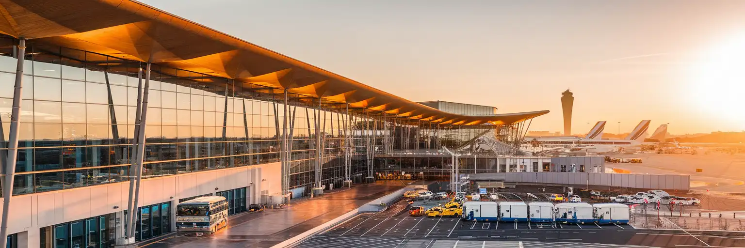 Modern exterior of Paris Orly Airport's Cœur d'Orly junction building at golden hour with aircraft on the apron