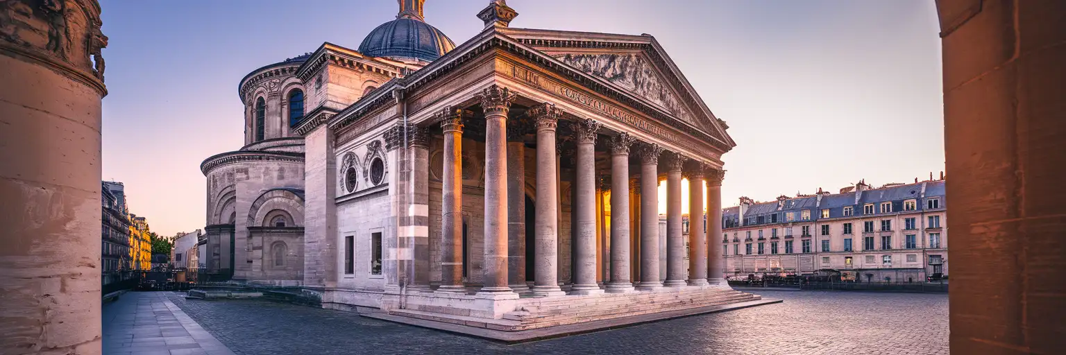 The neoclassical Panthéon building with Corinthian columns in Paris's Latin Quarter at golden hour