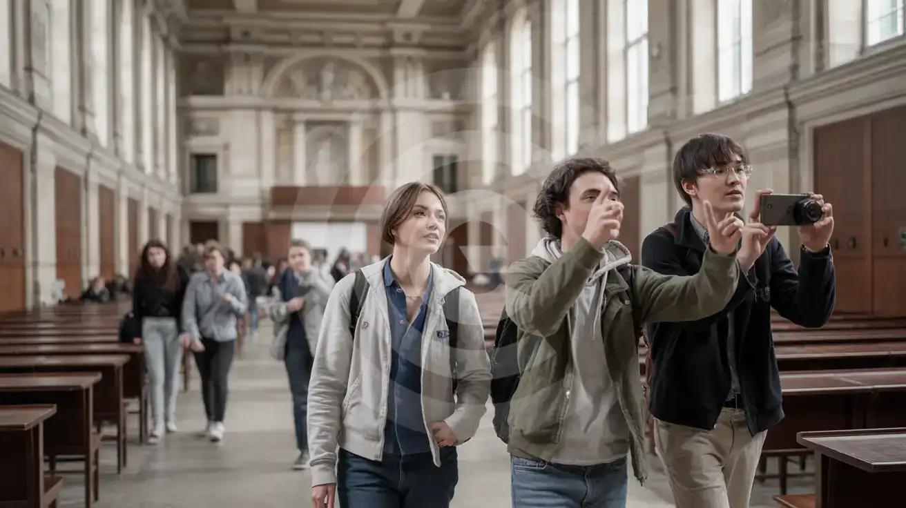 Students walking through a historic Sorbonne lecture hall with ornate 19th-century architecture in Paris