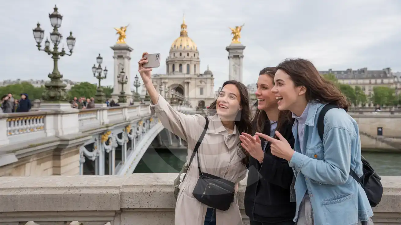 Three friends photographing Les Invalides golden dome from Pont Alexandre III bridge in Paris