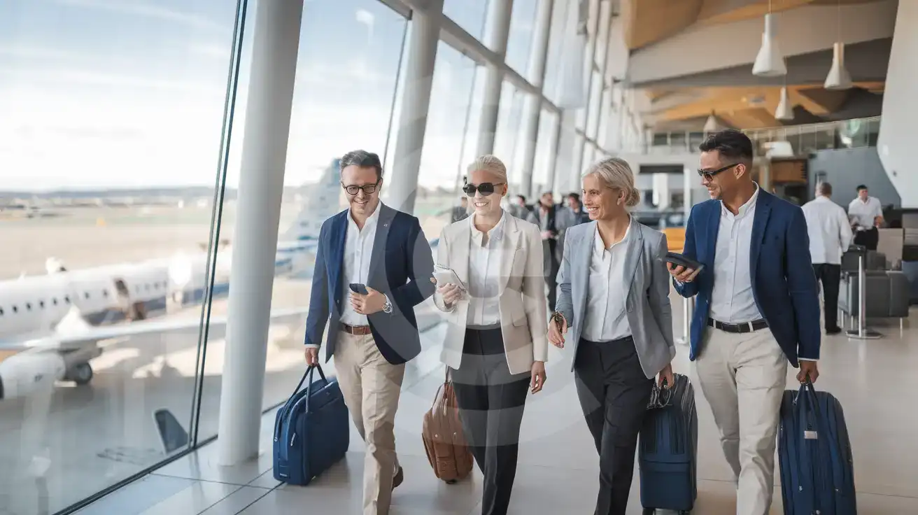 Small business team walking through the compact arrival lounge inside Cannes-Mandelieu Airport with apron views beyond the glass
