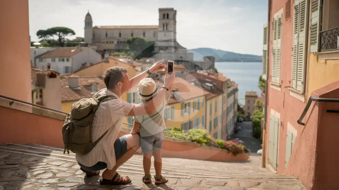 Family exploring the steep cobblestone lanes of Le Suquet old town in Cannes with the Castre Tower and Mediterranean harbor in the background