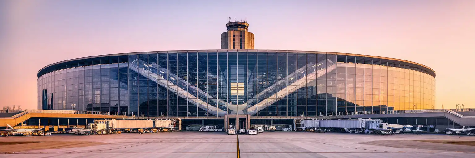 Paris Charles de Gaulle Airport Terminal 1 exterior at golden hour with its iconic circular brutalist architecture and transparent escalator tubes