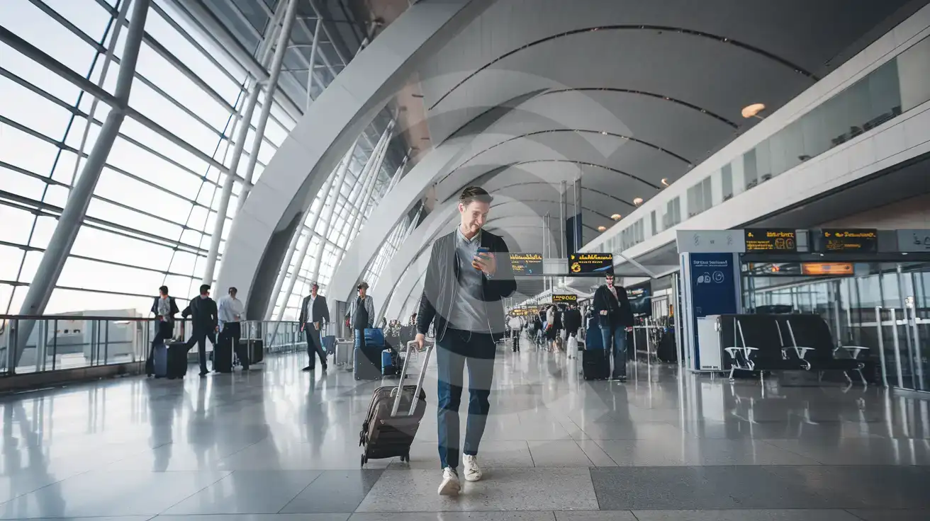 Solo male traveler walking through Paris Charles de Gaulle Terminal 2E Hall L with smartphone in hand and rolling suitcase