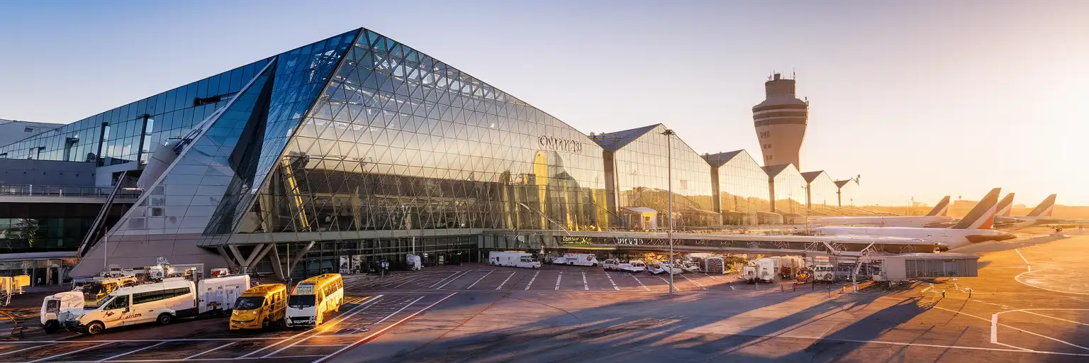 Fasada terminalu Cœur d'Orly na lotnisku Paryż Orly o złotej godzinie z widocznym samolotem i wieżą kontrolną