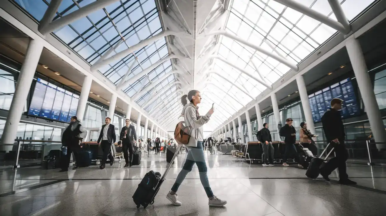 Podróżująca samotnie kobieta przechodzi przez przeszkloną halę Cœur d'Orly na lotnisku Paryż Orly, trzymając smartfon w ręku