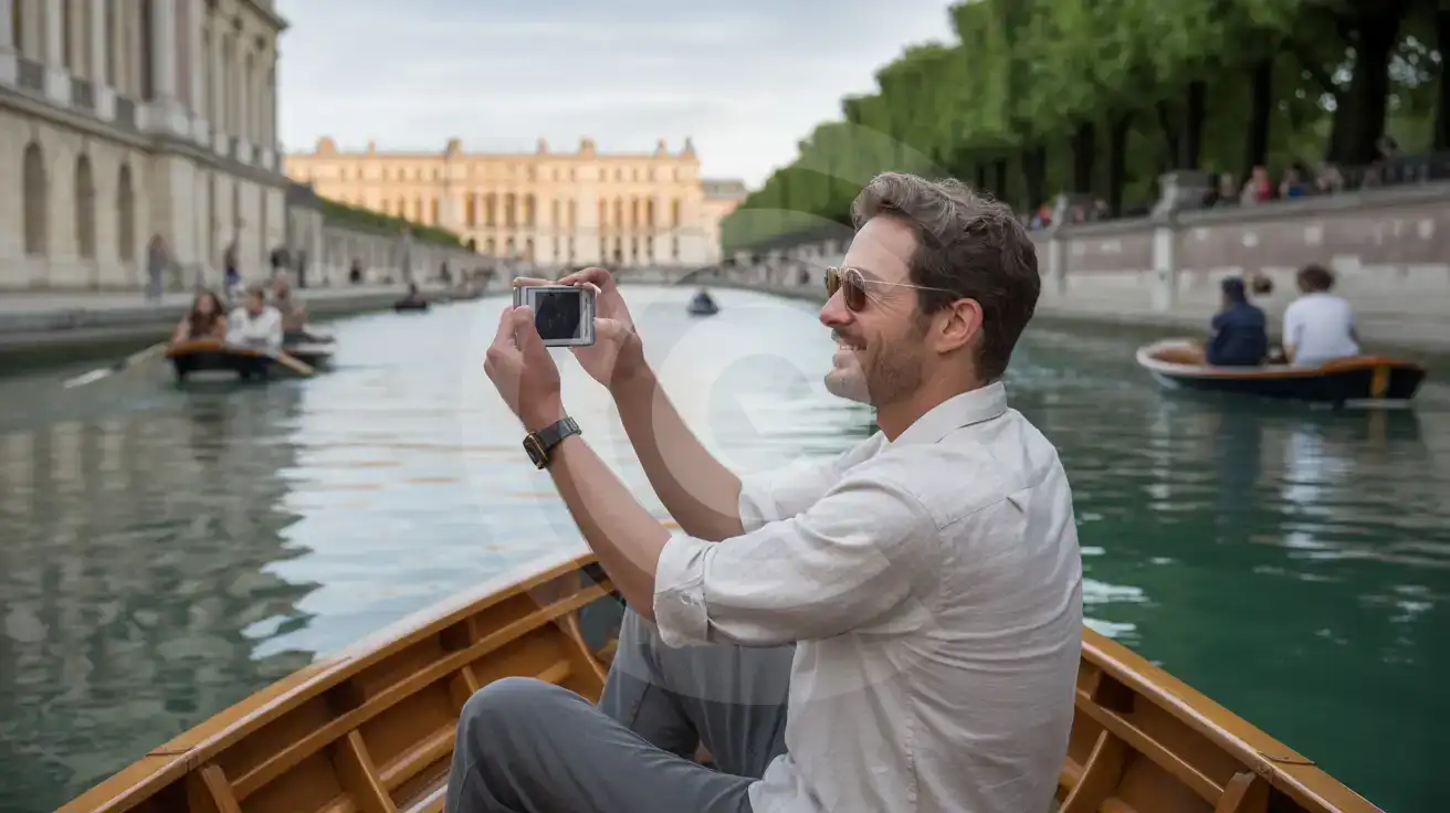 A solo male traveler photographing the Palace of Versailles from a rowboat on the Grand Canal