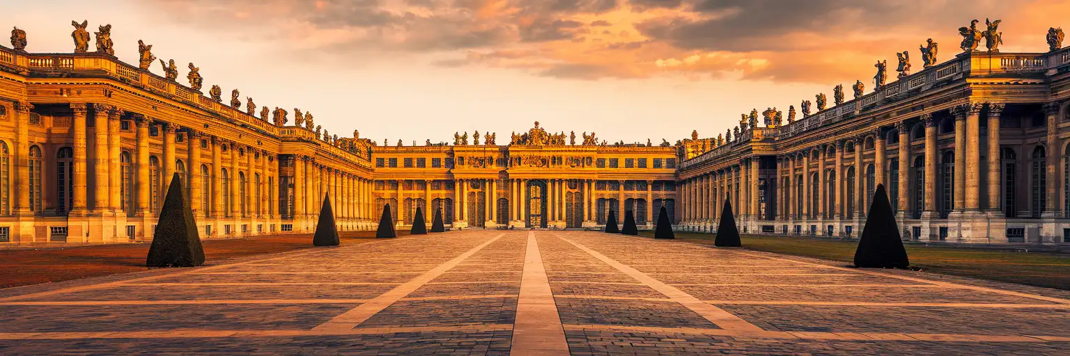 The Palace of Versailles golden facade and gilded gates at sunset with the Cour d'Honneur courtyard in the foreground