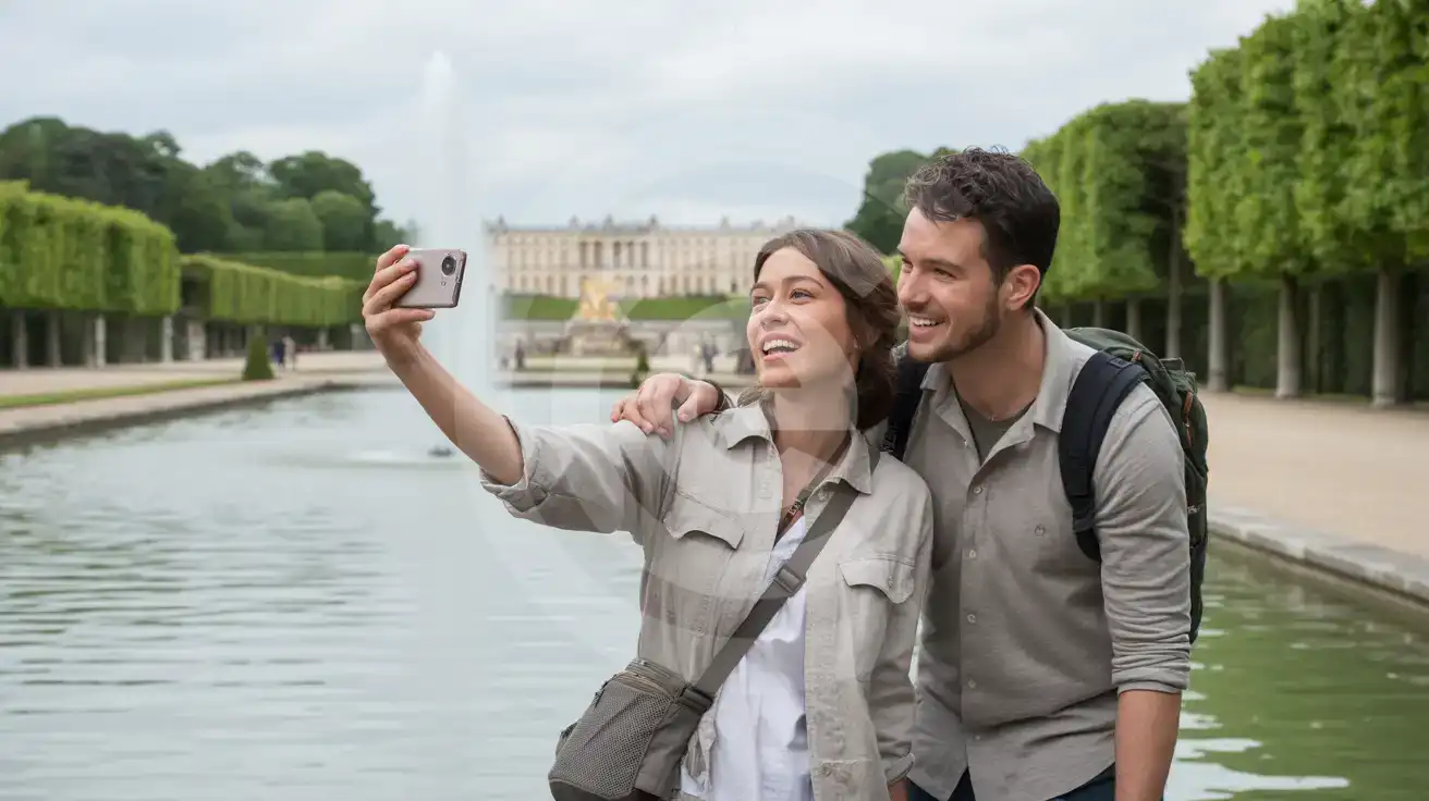 A couple photographing the Grand Canal and Apollo Fountain at the Gardens of Versailles with smartphone