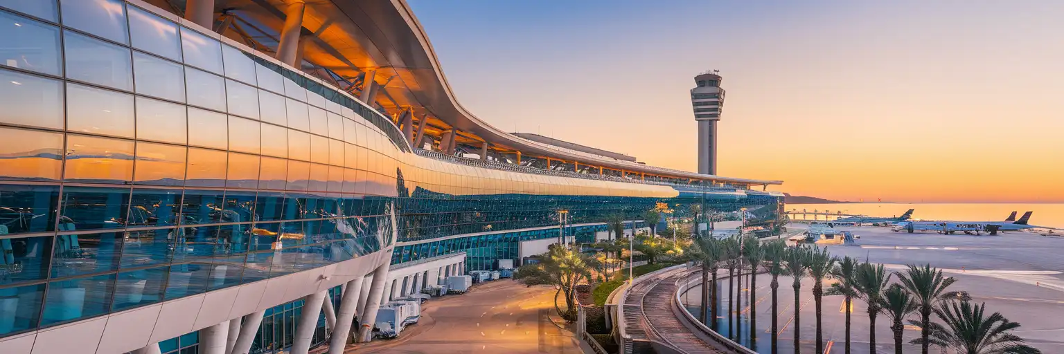 Nice Côte d'Azur Airport terminal exterior at golden hour with Mediterranean Sea and runway peninsula visible
