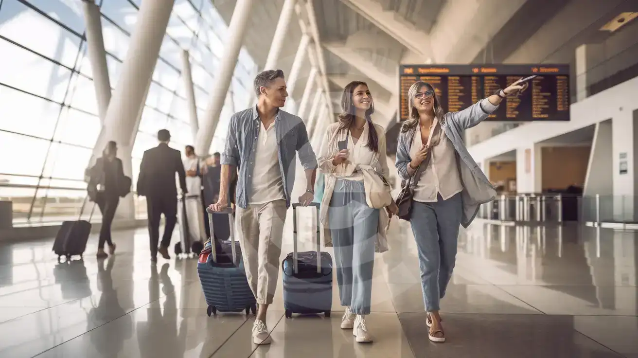 Friends walking through Nice Côte d'Azur Airport Terminal 2 arrivals concourse checking smartphone for directions