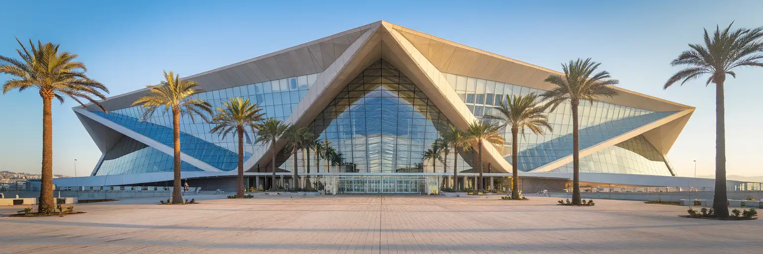 Acropolis Convention Center exterior facade in Nice, France at golden hour with Mediterranean palm trees and modernist architecture