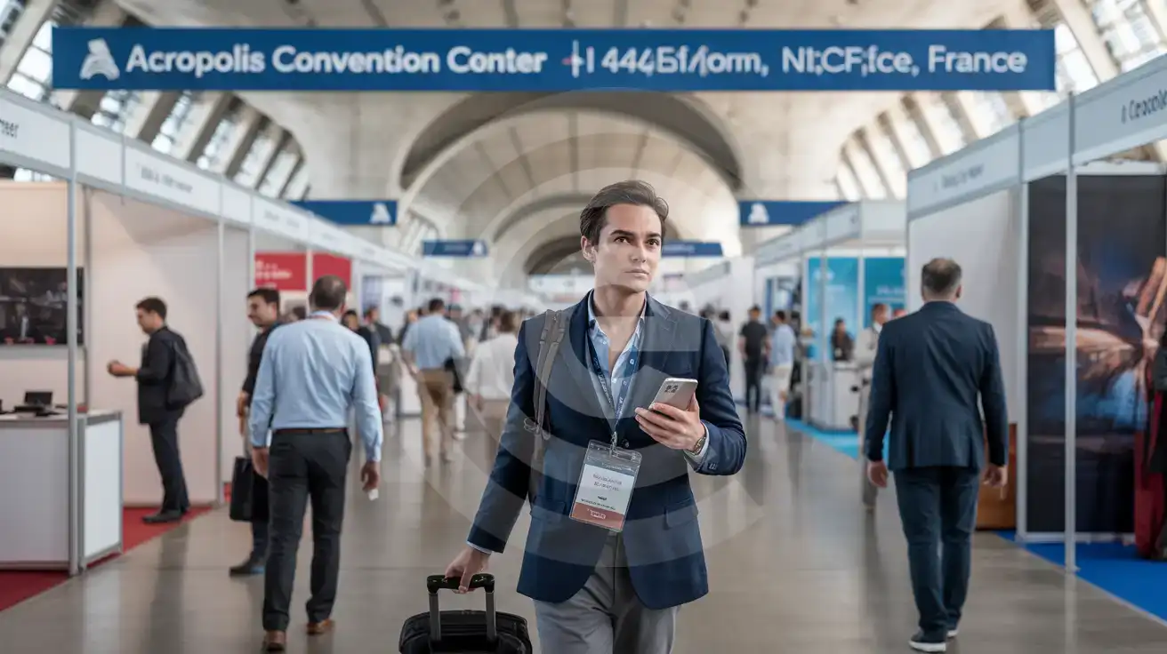 Business traveler walking through Acropolis Convention Center exhibition hall during an active trade fair in Nice, France