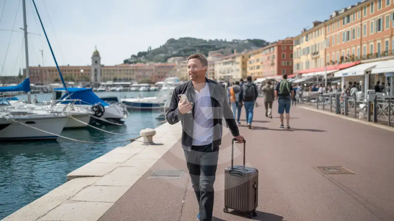 Solo male traveler walking along the Port Lympia quay at Port of Nice with harbor and hillside backdrop