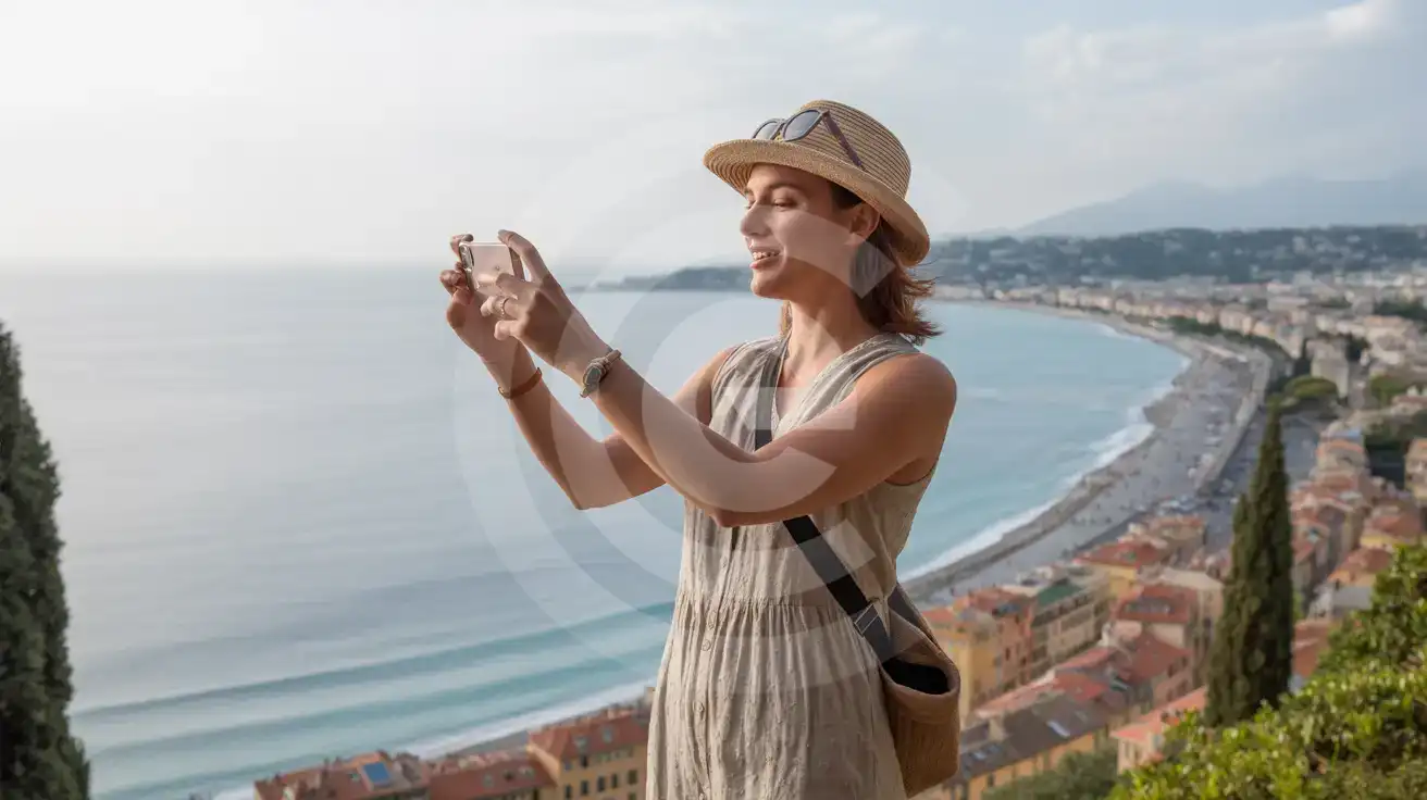 Solo female traveler photographing the panoramic view of Nice's coastline and Old Town from Castle Hill summit