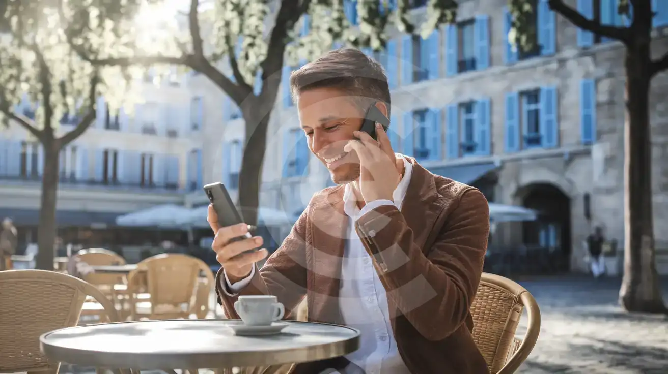 Podróżnik odbierający ważny telefon w kawiarni na świeżym powietrzu na placu we francuskim miasteczku