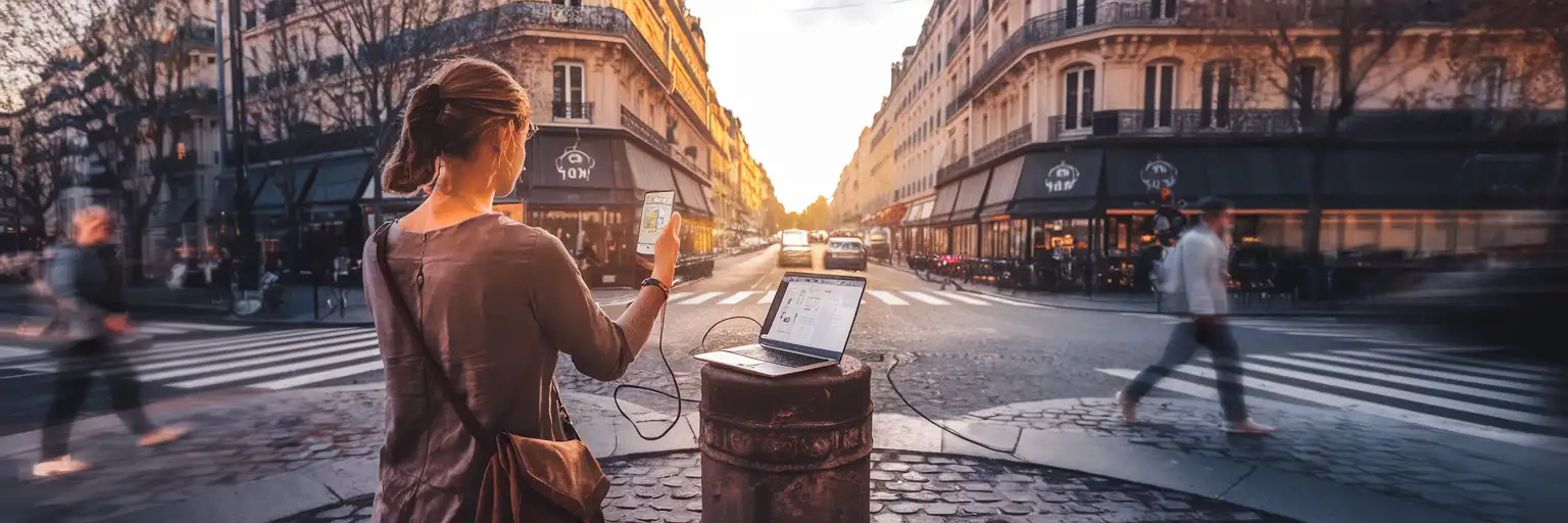 Podróżnik korzystający z mapy na smartfonie i laptopa z hotspotem na rogu ulicy w Paryżu podczas złotej godziny