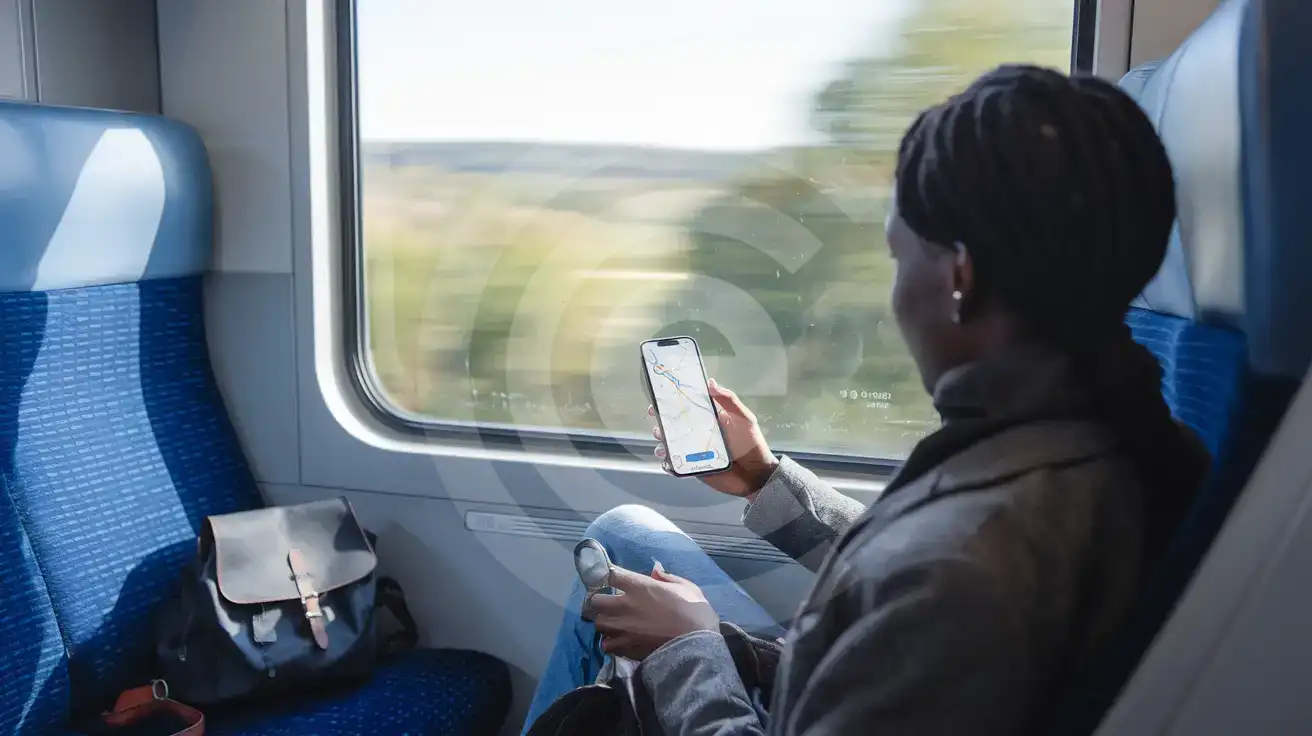 Podróżny sprawdzający mapę komunikacji miejskiej na smartfonie w pociągu regionalnym we Francji