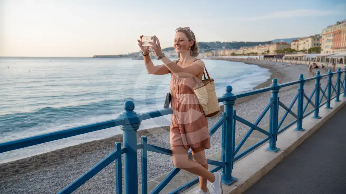 Solo female traveler photographing the Mediterranean coastline from the Promenade des Anglais in Nice, France