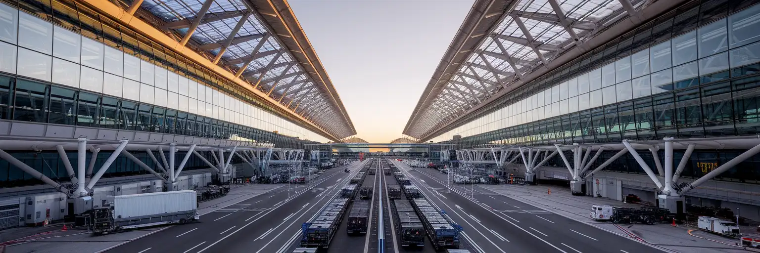 Wide exterior view of Heathrow Airport Terminal 5 at golden hour in London, United Kingdom