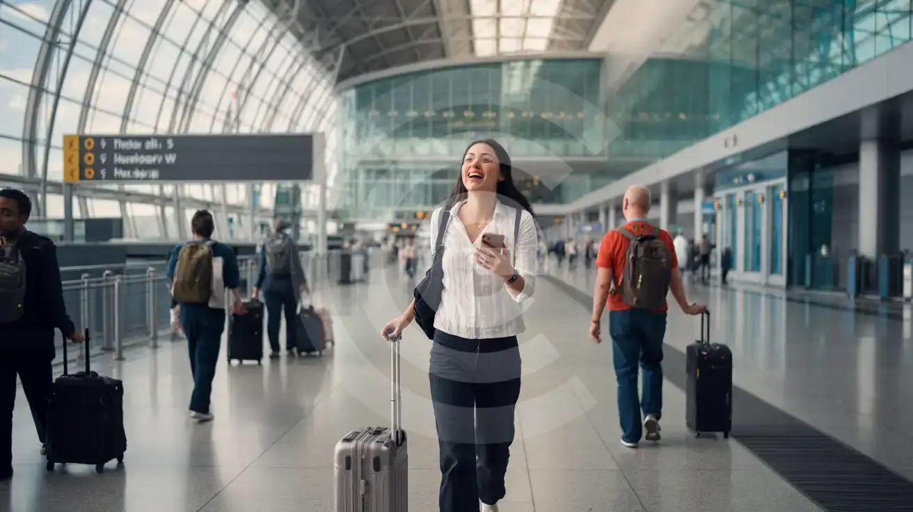 Solo female traveler walking through Heathrow Airport Terminal 5 concourse with luggage and phone