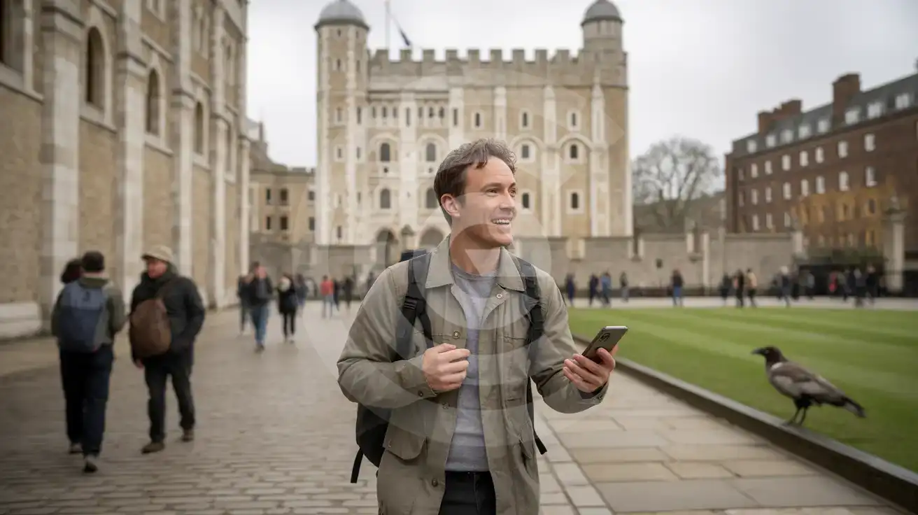 A solo male traveler walking through the Tower of London courtyard with the White Tower rising behind him on an overcast morning