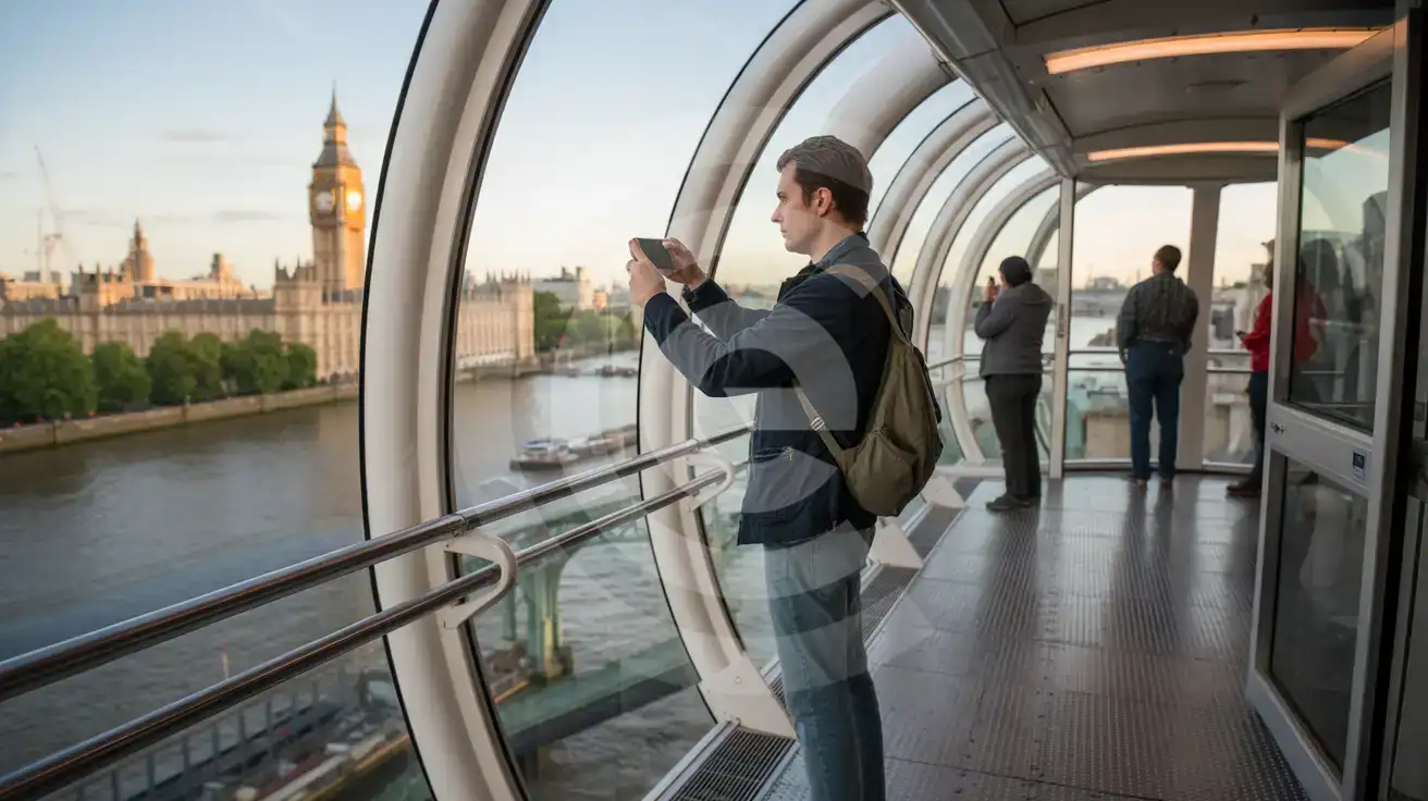 Solo male traveler photographing the Thames and Parliament from inside a London Eye capsule