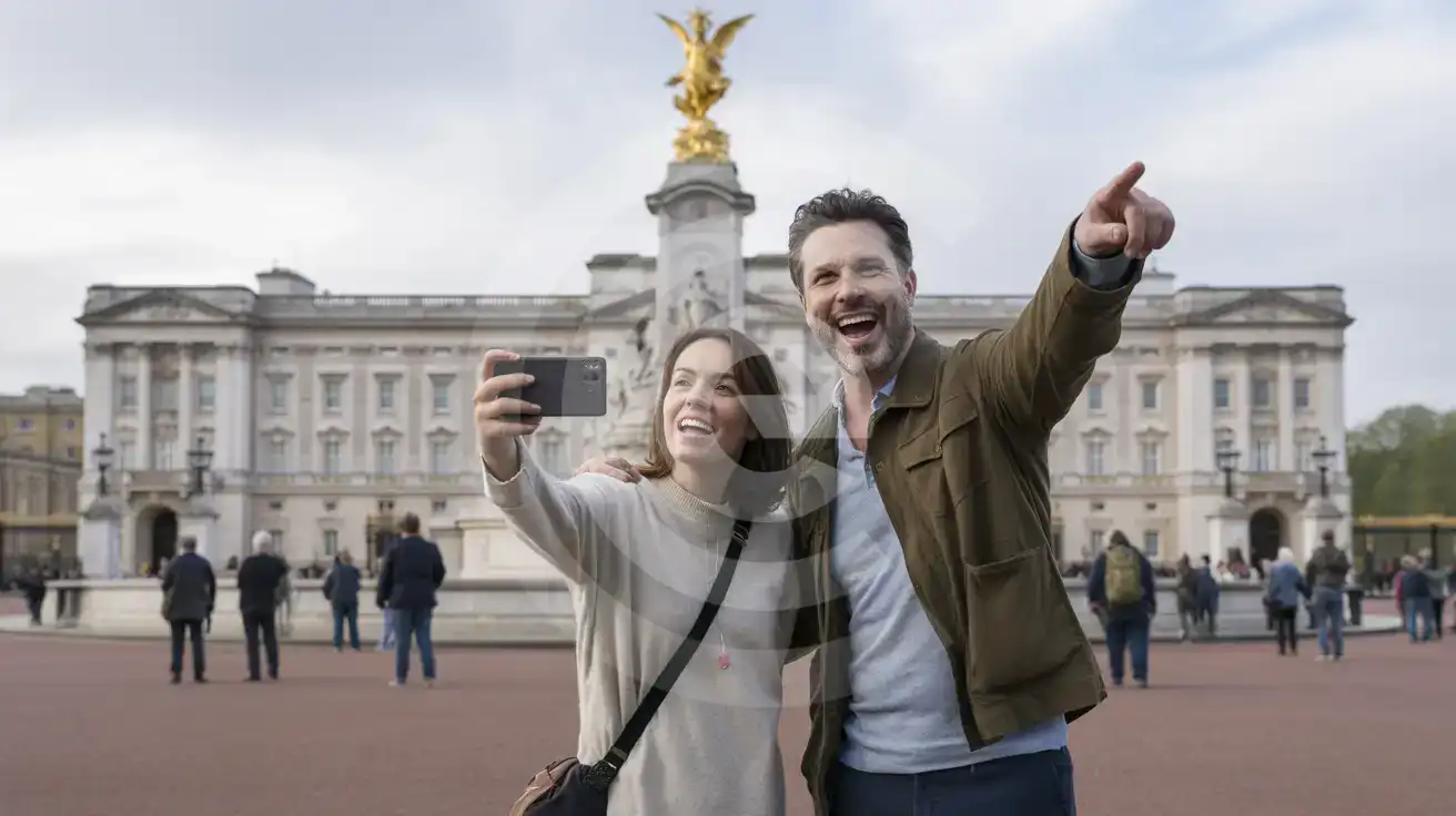 A couple photographing Buckingham Palace from the Victoria Memorial with the east facade and gilded angel visible behind them