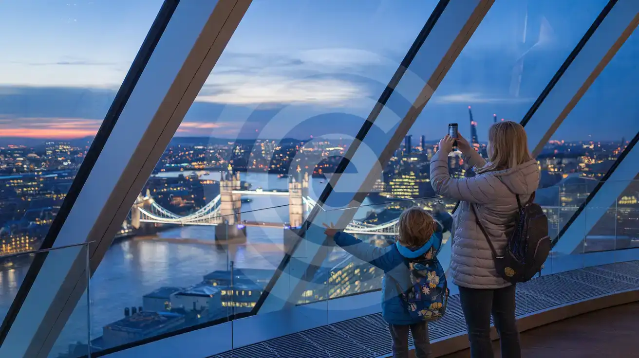 A family photographing the London skyline from The Shard viewing gallery at blue hour, with Tower Bridge and the Thames visible through angular glass windows
