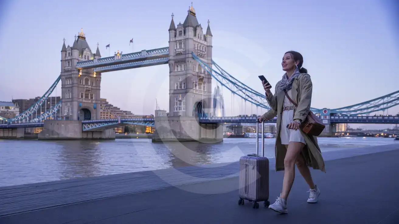 Solo female traveler walking toward Tower Bridge at dusk along the Thames south bank in London