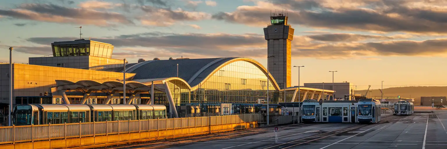 Edinburgh Airport terminal exterior at golden hour with Edinburgh Trams stop in the foreground and Scottish hills in the background