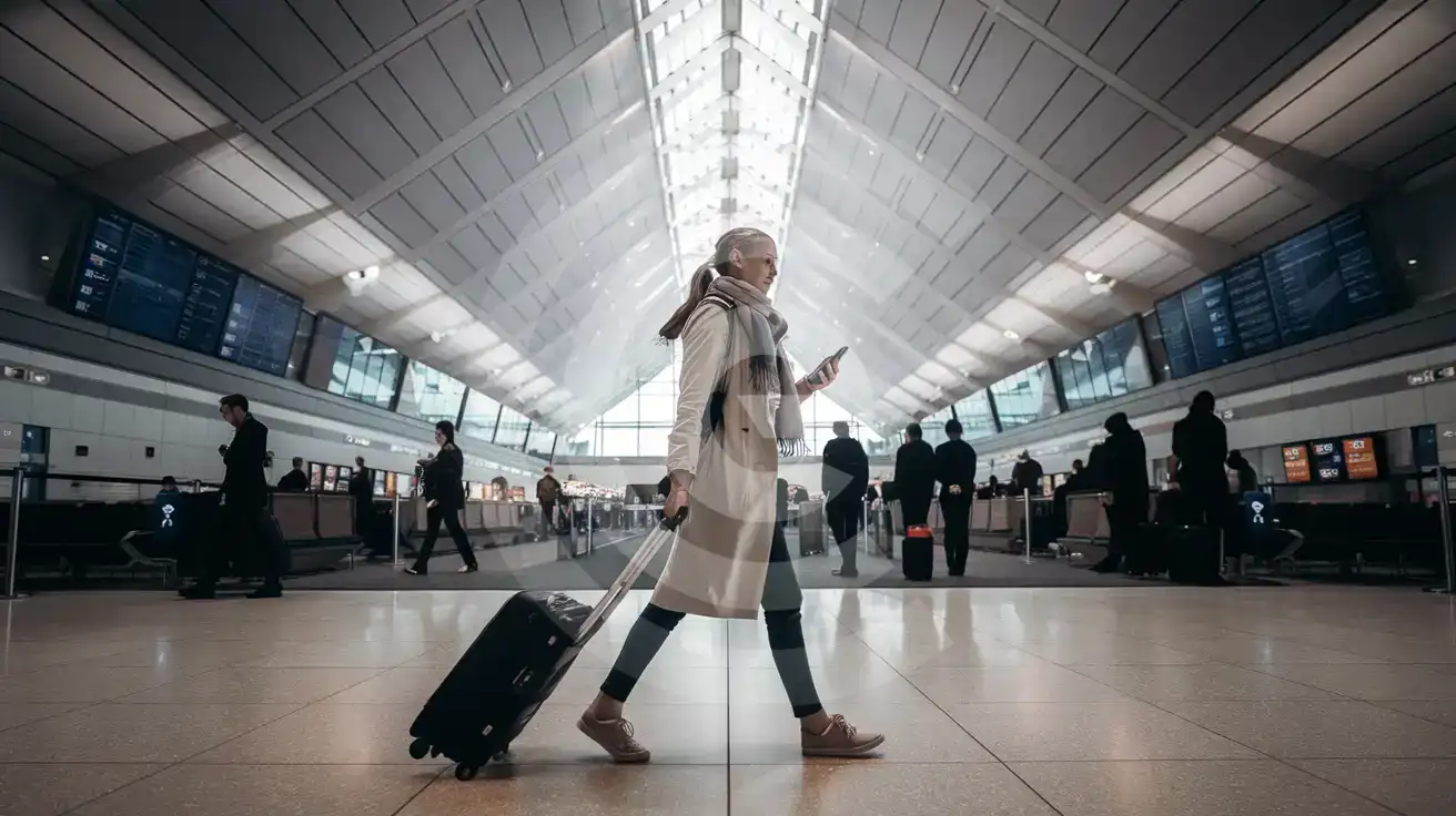 Solo female traveler walking through Edinburgh Airport departures concourse while checking her smartphone