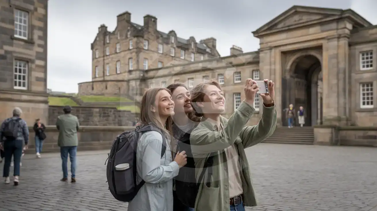 Small group of friends photographing the Great Hall entrance in Crown Square at Edinburgh Castle on an overcast day