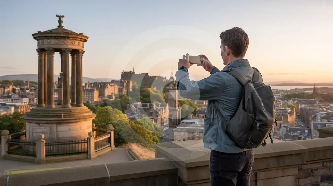 Solo male traveler photographing the Edinburgh cityscape from Calton Hill at golden hour with the National Monument columns in frame