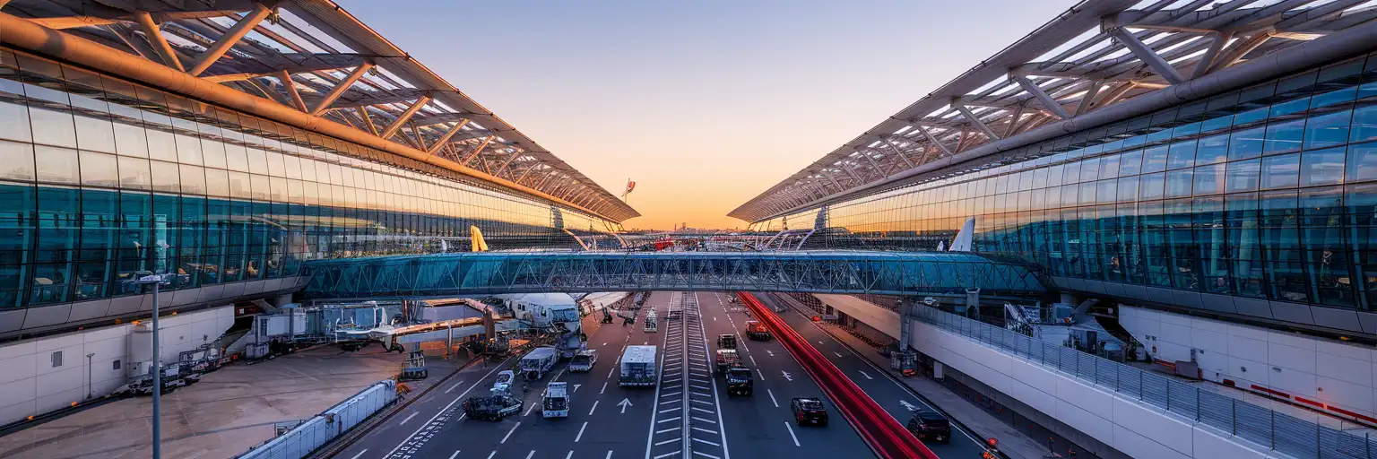 Exterior view of Heathrow Airport Terminal 5 at golden hour with the curved glass facade and busy airport approach