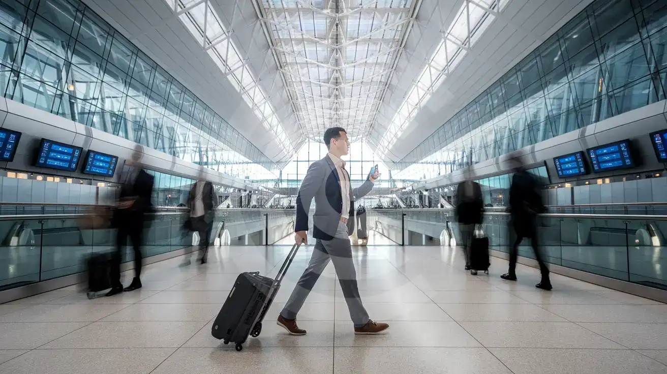Business traveler walking through Heathrow Airport Terminal 5 arrivals concourse with carry-on and smartphone