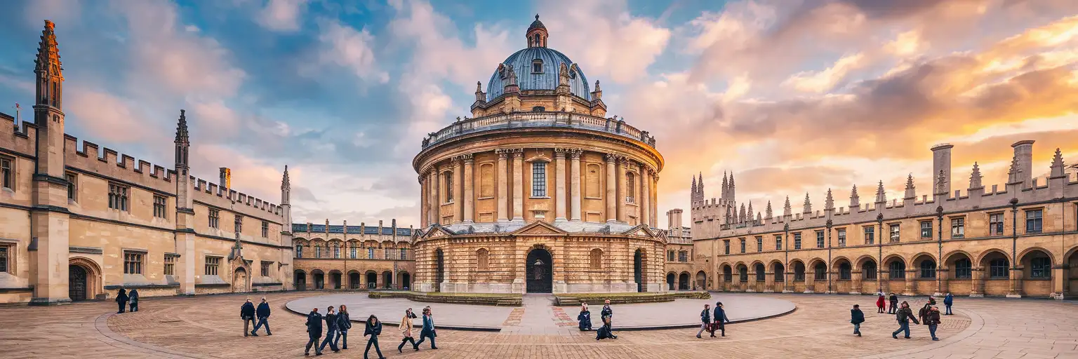 The Radcliffe Camera library in Oxford at golden hour, its circular dome and honey-colored limestone glowing in warm afternoon light with Radcliffe Square and surrounding college spires visible