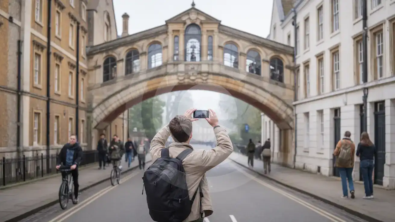 Solo male traveler photographing the Hertford Bridge (Bridge of Sighs) in Oxford on a misty morning, smartphone raised to capture the Venetian Gothic covered skyway spanning New College Lane