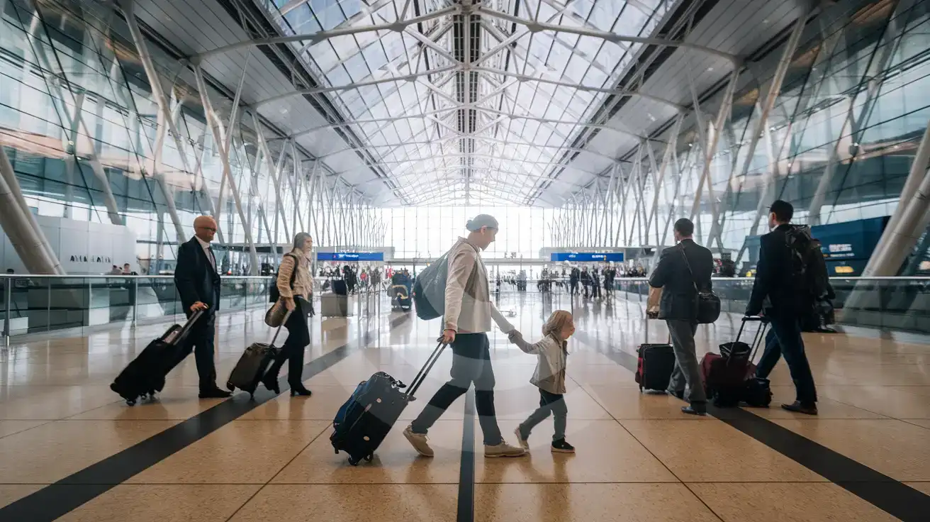 Rodzina spacerująca z bagażami i telefonem w ręku po hali przylotów Terminalu 5 na lotnisku Heathrow