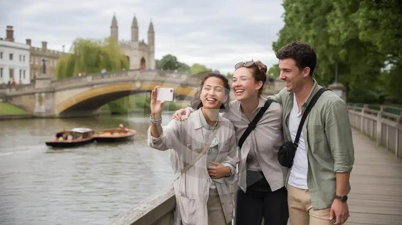 Friends filming punts on the River Cam near Silver Street Bridge in Cambridge