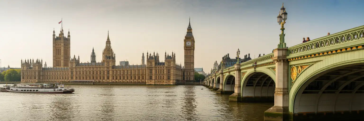 Big Ben și Palatul Parlamentului de-a lungul râului Tamisa la ora de aur în Londra, Regatul Unit