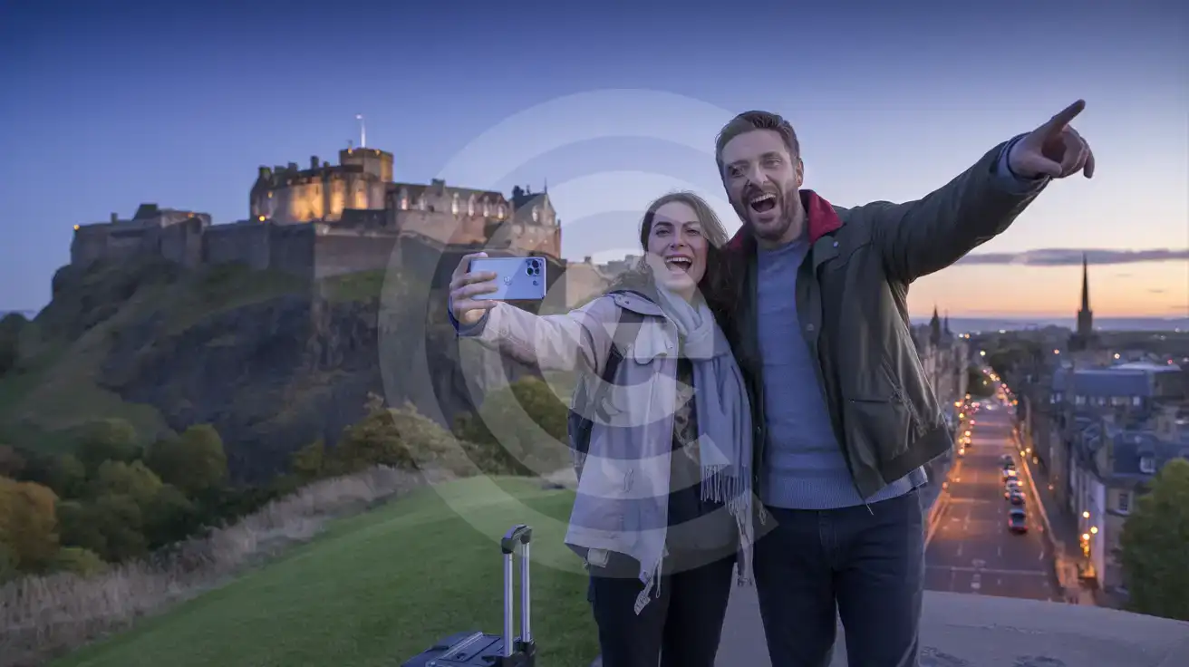 Un cuplu fotografiind Castelul Edinburgh la amurg din Grădinile Princes Street în Regatul Unit