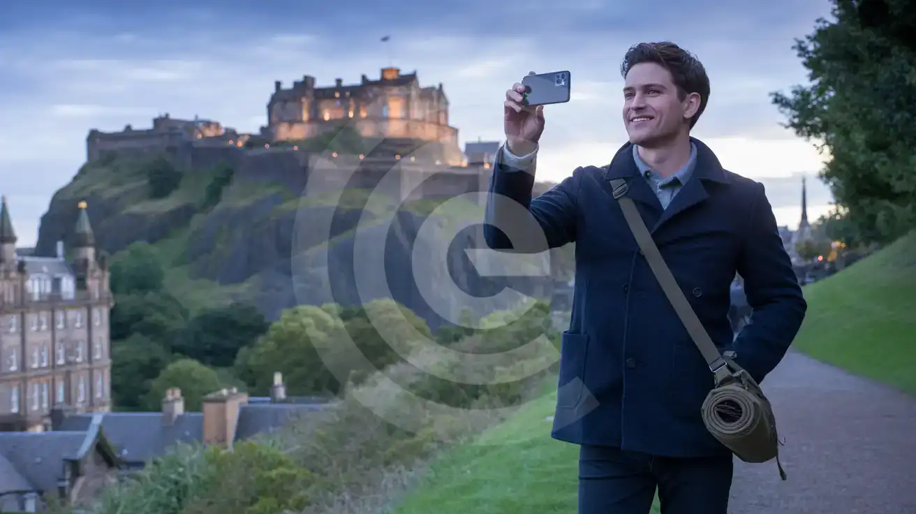 Solo male traveler photographing Edinburgh Castle at blue-hour twilight from Princes Street Gardens