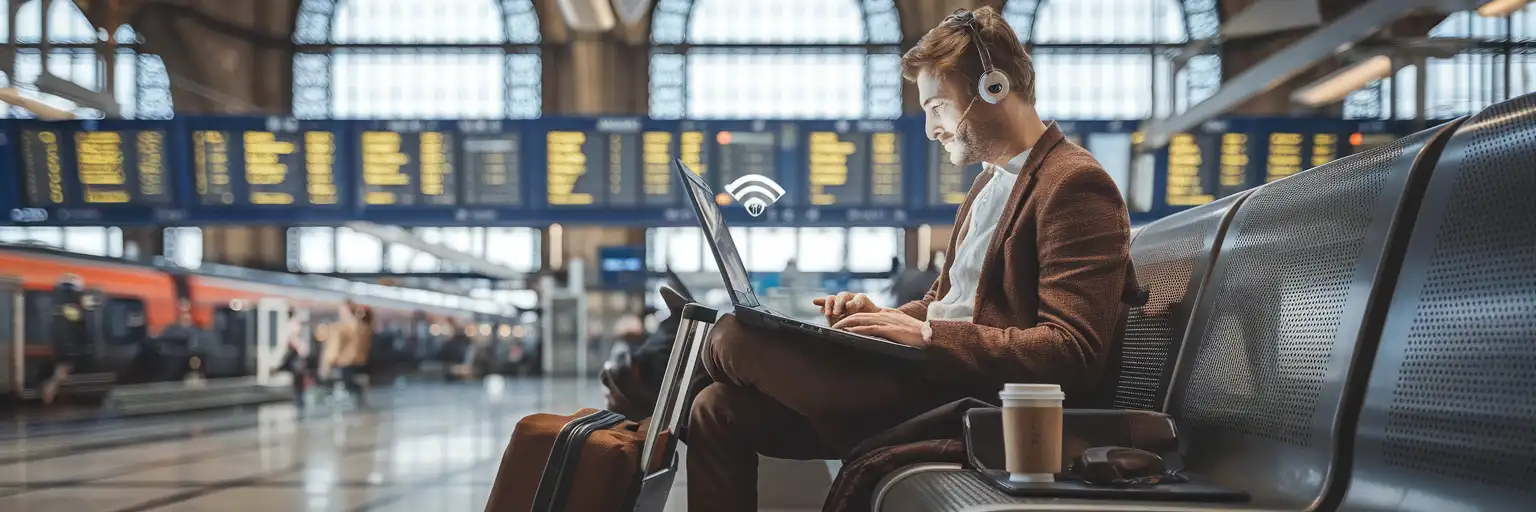 Călător folosind laptopul cu hotspot de pe telefon într-o zonă de așteptare a unei gări din UK, dimineața devreme