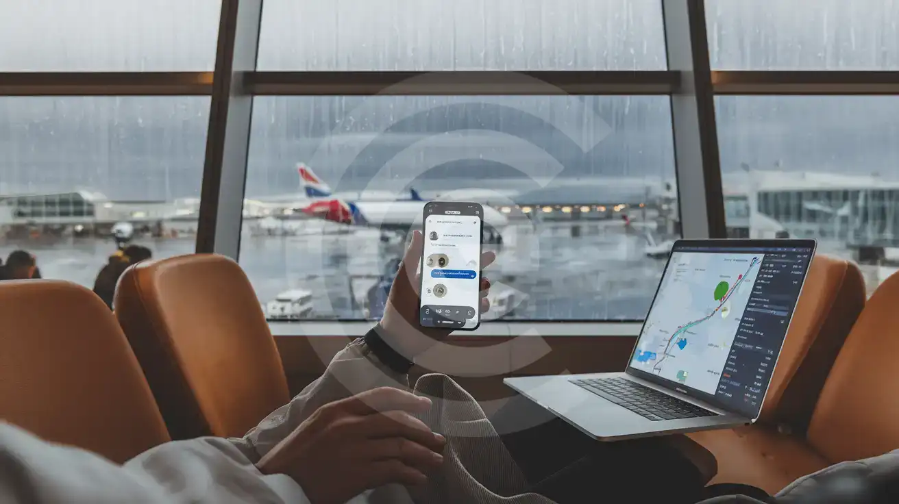 Călător verificând telefonul și laptopul în sala de plecări a unui aeroport din Marea Britanie, cu avioane vizibile prin ferestrele ude de ploaie